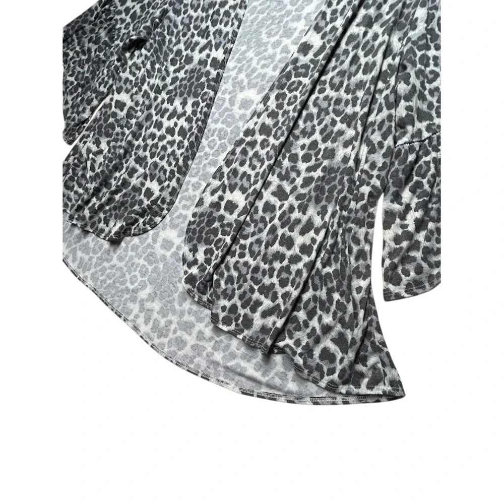 Grey Leopard Print Open Front Cardigan Ruffle Bell Sleeve Plus Size 3XL
